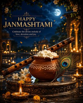 Happy janmashtami greeting card with butter pot flute and peacock feather