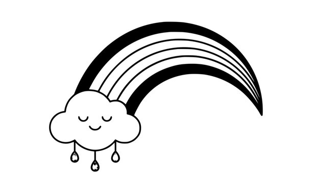 Cute Sleepy Cloud with Rainbow and Raindrops Flat Cartoon Vector