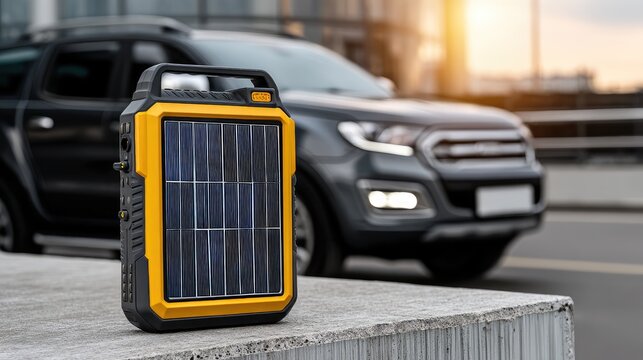 Close up shot of a yellow and black portable power station with solar panel during warm sunset near a dark suv
