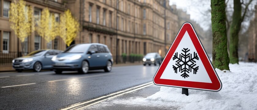 Winter road sign warning with snowflake stands near wet road in city decorated with festive lights and distant car headlights