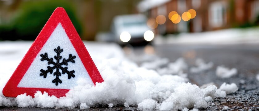 Winter scene showing a red triangular sign with a snowflake on a wet road, surrounded by snow and distant car headlights shining