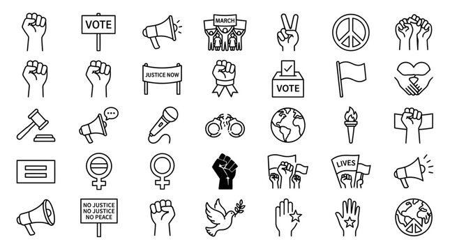 Protest and social justice icon set, 35 line art activism symbols, human rights and voting vector elements for advocacy