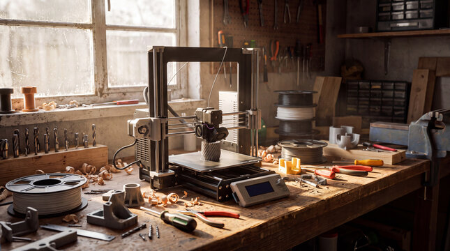 3D printing machine seen from below among scattered hand tools