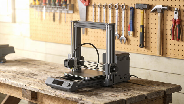 Filament printer on a bench in a well organized home garage