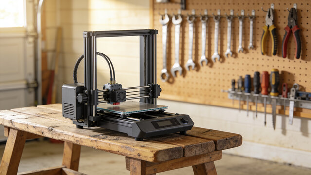 Desktop 3D printer on a rustic bench with pegboard tool wall