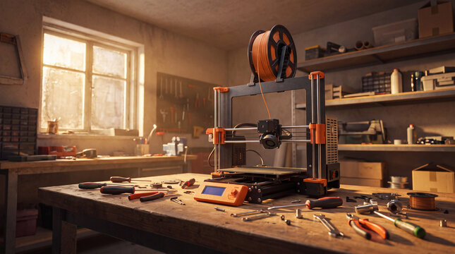 Low angle view of a 3D printer on a garage workbench with tools