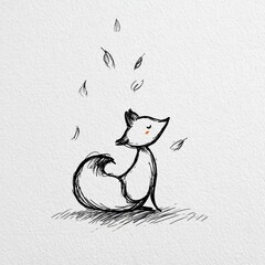 Naklejka premium A doodle shows a fox with simple outlines among scribbled leaves. The fox sits quietly while leaves fall around it in a simple style.