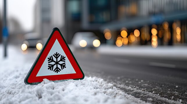 Road sign indicating icy conditions stands next to a snowbank along a snowy street with vehicle headlights in the background