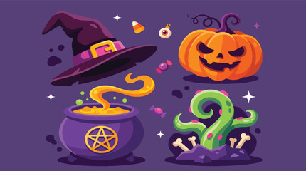 Fototapeta premium Halloween holiday set with witch hat pumpkin and cauldron.