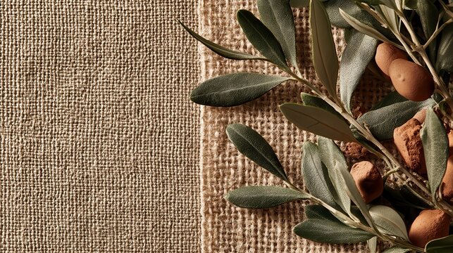 Rustic boho earth tone backdrop concept. Olive branch with fruits on textured burlap background.