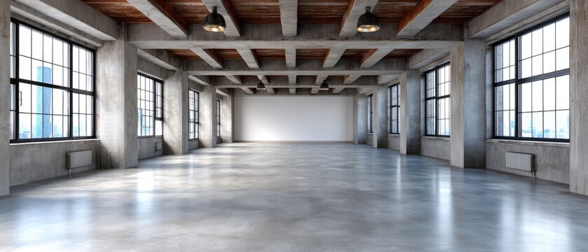 Modern industrial room with concrete floor and wooden ceiling beams lit by large steel framed windows