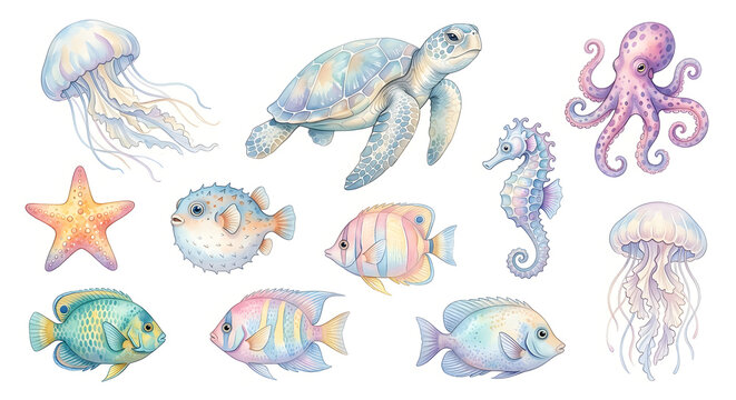 Watercolor Underwater Sea Creatures Clipart Bundle