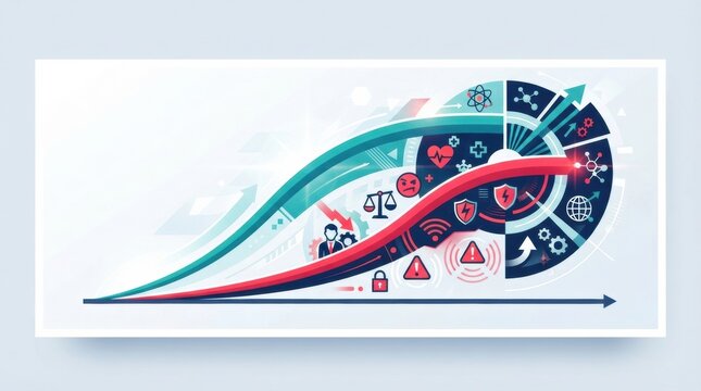Graphic illustrates a timeline of artificial intelligence development, emphasizing benefits and risks using various symbols and icons to convey ideas.