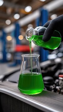 Mechanic pours green coolant fluid into car's radiator in busy automotive repair shop