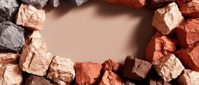 Jagged multicolored stones frame a neutral beige background in a flat lay arrangement with a wide empty oval space in the center