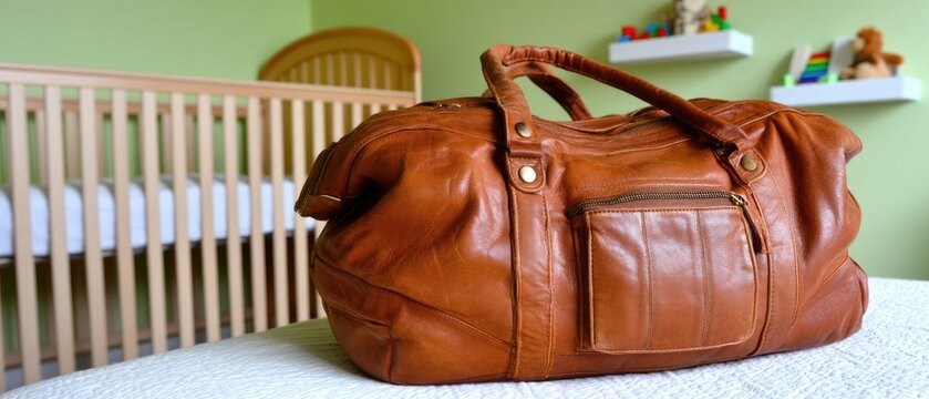 Tan leather bag on white table in child's nursery with crib and toys in light green room
