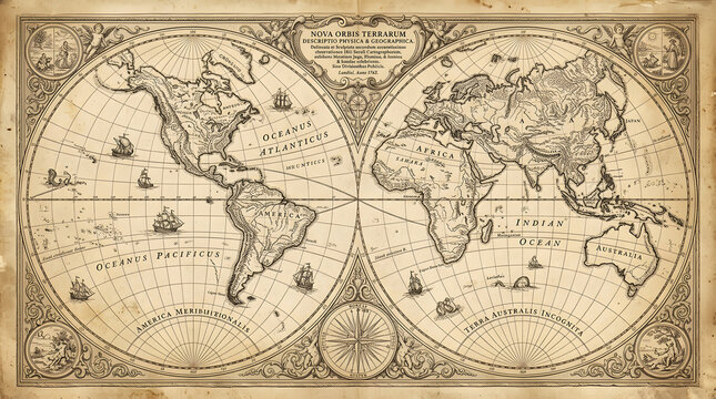 Antique world map engraving with vintage cartography and detailed global geography.
