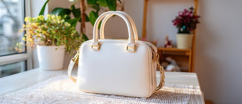 Beige leather bag on a white textured table runner in a nursery scene with toys and plants