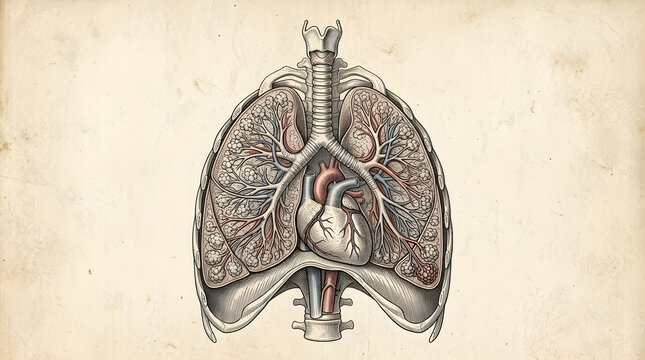 Vintage anatomical illustration of human lungs and heart on aged paper background