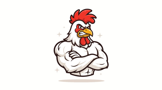 Strong muscular rooster cartoon mascot with crossed arms.