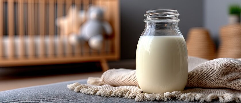Glass baby bottle filled with milk on a beige cloth at a modern nursery with a crib and plush toy in the background