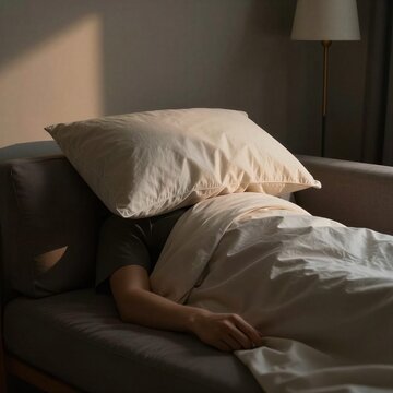 Exhausted adult lying on a minimalist sofa with pillow over head  
