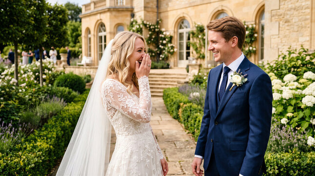 Bride and groom laughing and talking sweetly together on their wedding day