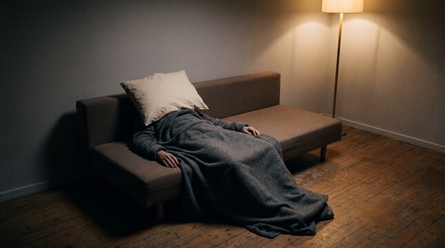 Exhausted adult lying on a minimalist sofa with pillow over head at home  