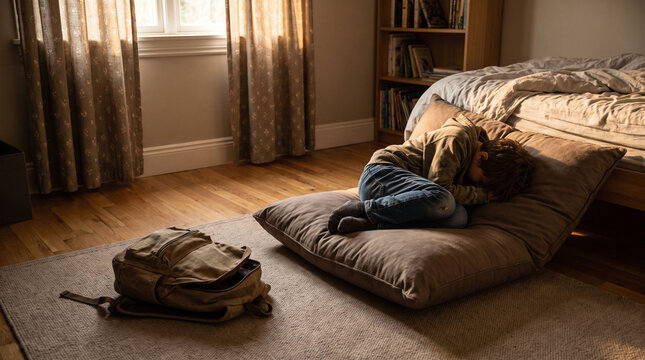 A school-age child lying curled up on a bedroom floor with their head buried in a large plain cushion, knees drawn toward the chest, backpack lying abandoned several feet away