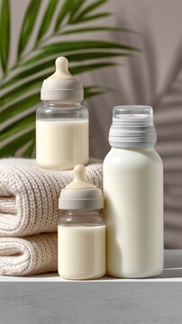 Baby essentials arranged on a light wood table with a beige wall in a soft, natural light setting