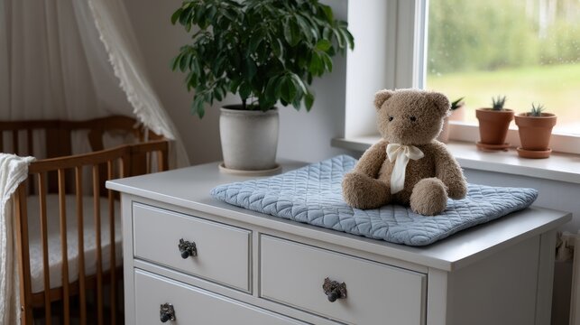 Modern baby nursery with off white dresser, teddy bear, and wooden crib in a naturally lit room