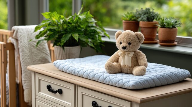 Soft teddy bear sits on light blue changing pad above an off-white dresser in a bright room with a crib and plants by a window