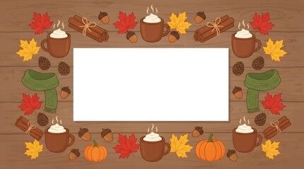Fototapeta premium A festive thanksgiving banner featuring a rustic wooden background decorated with colorful autumn leaves pumpkins and hot cocoa mugs for your seasonal holiday celebration design