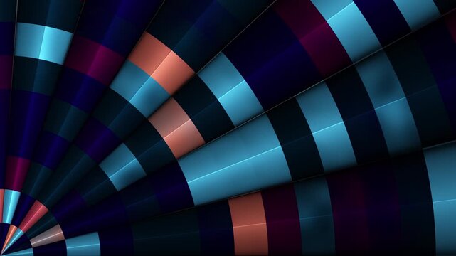 High-quality 4K abstract video featuring procedural JavaScript mesh gradients. This dynamic animation showcases a segmented, radial geometric pattern with smooth, glossy, 3D-like reflections. 