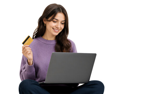 Woman smiling while holding credit card and using laptop. Online shopping, e-commerce, payment processing, digital transaction.