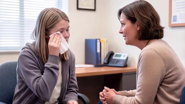 Professional counselor supporting crying teenage girl during therapy session. Mental health consultation in private office. Medium shot with subtle camera movement.