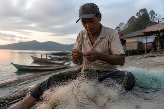 Elderly fisherman repairing net on sandy beach at sunset with boats in background