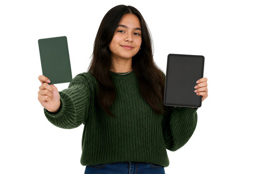 Teen girl holding tablet and card looking at camera. Education, technology, student, learning, digital devices.