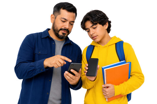 Father pointing at smartphone while teen son holds phone and notebooks. Education, technology, family learning, tutoring.