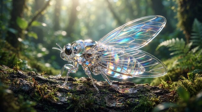 Crystal cicada with iridescent wing