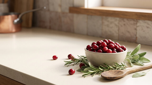 Bowl of Cranberries with Autumn Leaves on Kitchen Counter
