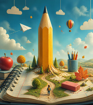 Creative back-to-school concept with giant pencil towering over open notebook and colorful stationery