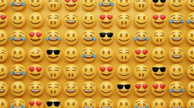 Grid of diverse 3D yellow emoji icons expressing various emotions on a yellow background.