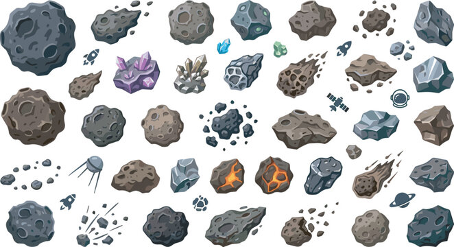 Asteroid and meteor space rock vector icon set featuring deep universe space craggy boulders fiery comets alien planet crystals and celestial astronomy game elements