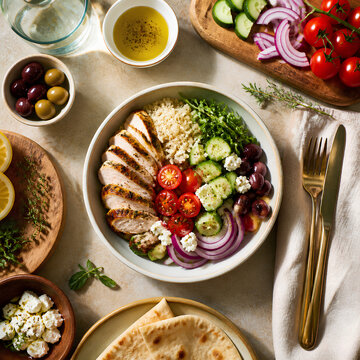 Healthy Mediterranean grilled fish bowl with fresh vegetables and pita bread on white table