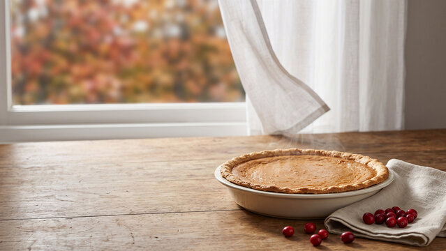 Pumpkin Pie on Wooden Table by an Autumn Window