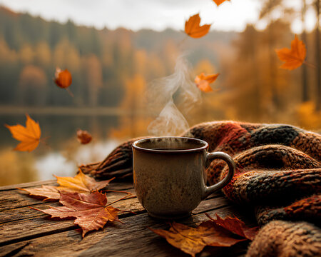 Steaming coffee mug on wooden table with autumn leaves and cozy knit blanket in fall setting