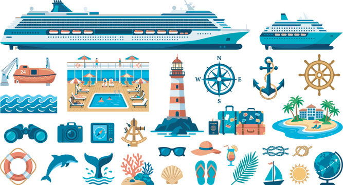 Cruise ship tourism and maritime ocean voyage vector icon set featuring luxury liner boats lighthouses tropical islands swimming pools and vacation travel accessories