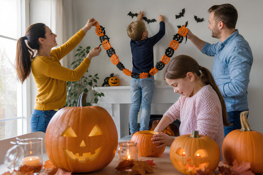 Happy multi-generational family carving Halloween pumpkins together at home in warm kitchen