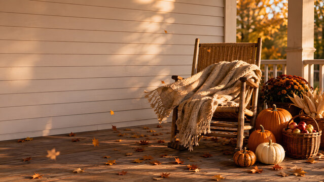 Cozy Autumn Porch with Rocking Chair and Pumpkins